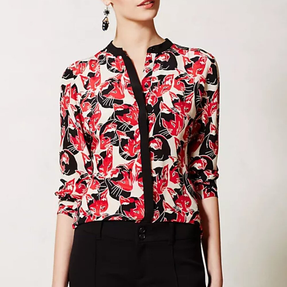 RARE Anthropologie Peter Som silk cat shirt 0P